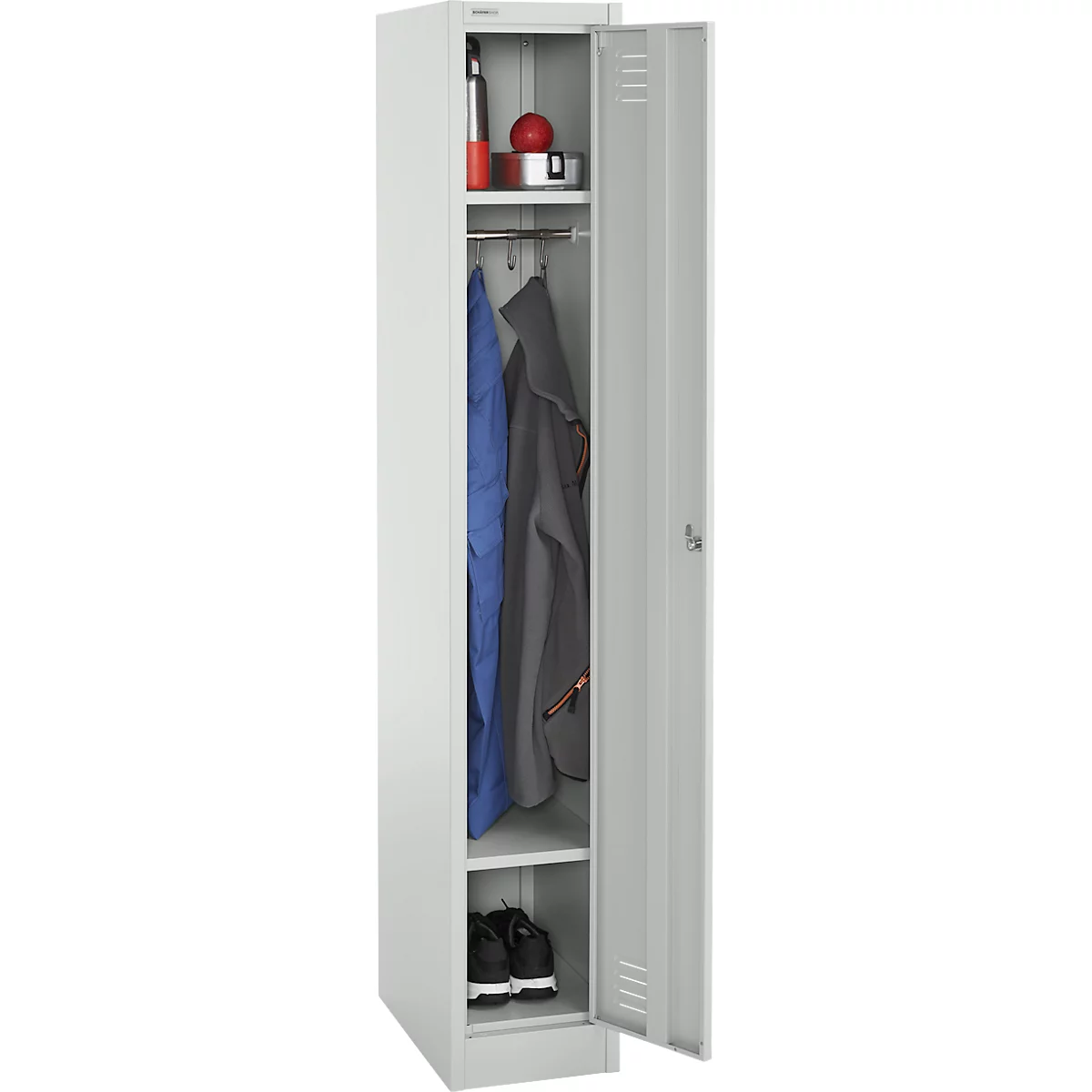 Schäfer Shop Select garderobekast, 1 vak, 1 deur, 2 legplanken, kledingstang, B 300 x D 457 x H 1800 mm, kwaliteit plaatstaal, afsluitbaar