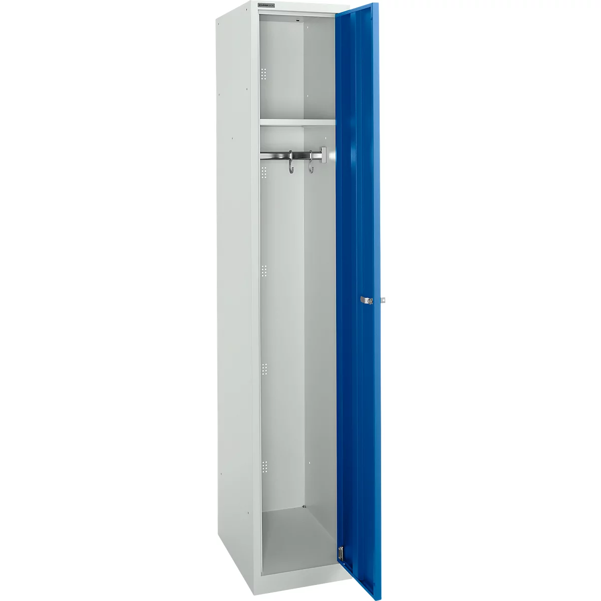 Schäfer Shop Select Garderobenschrank, 1 Abteil B 350 mm, 2 Fächer, Hutboden & Kleiderstange, abschließbar, lichtgrau/enzianblau