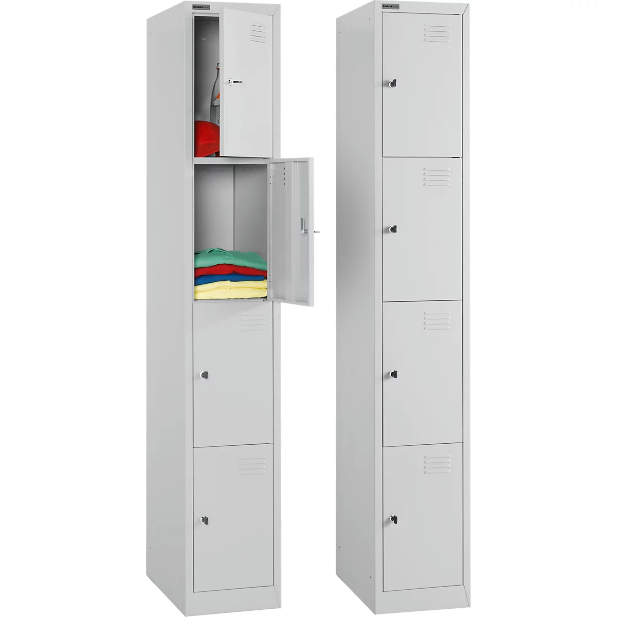 Schäfer Shop Select Garderobenspind-Set, 2-teilig, 2 x 4 Abteile, 4-türig, B 300 x T 457 x H 1800 mm, Feinblech, Zylinderschloss