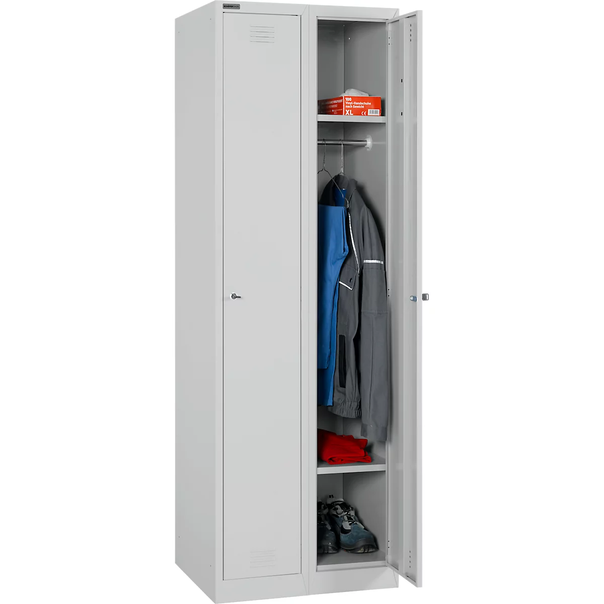 Schäfer Shop Select Garderobenspind Set, 2-teilig, jeweils 1 Abteil mit 2 Böden und einer Kleiderstange, B 300 x T 457 x H 1800 mm, Feinblech, Zylinderschloss