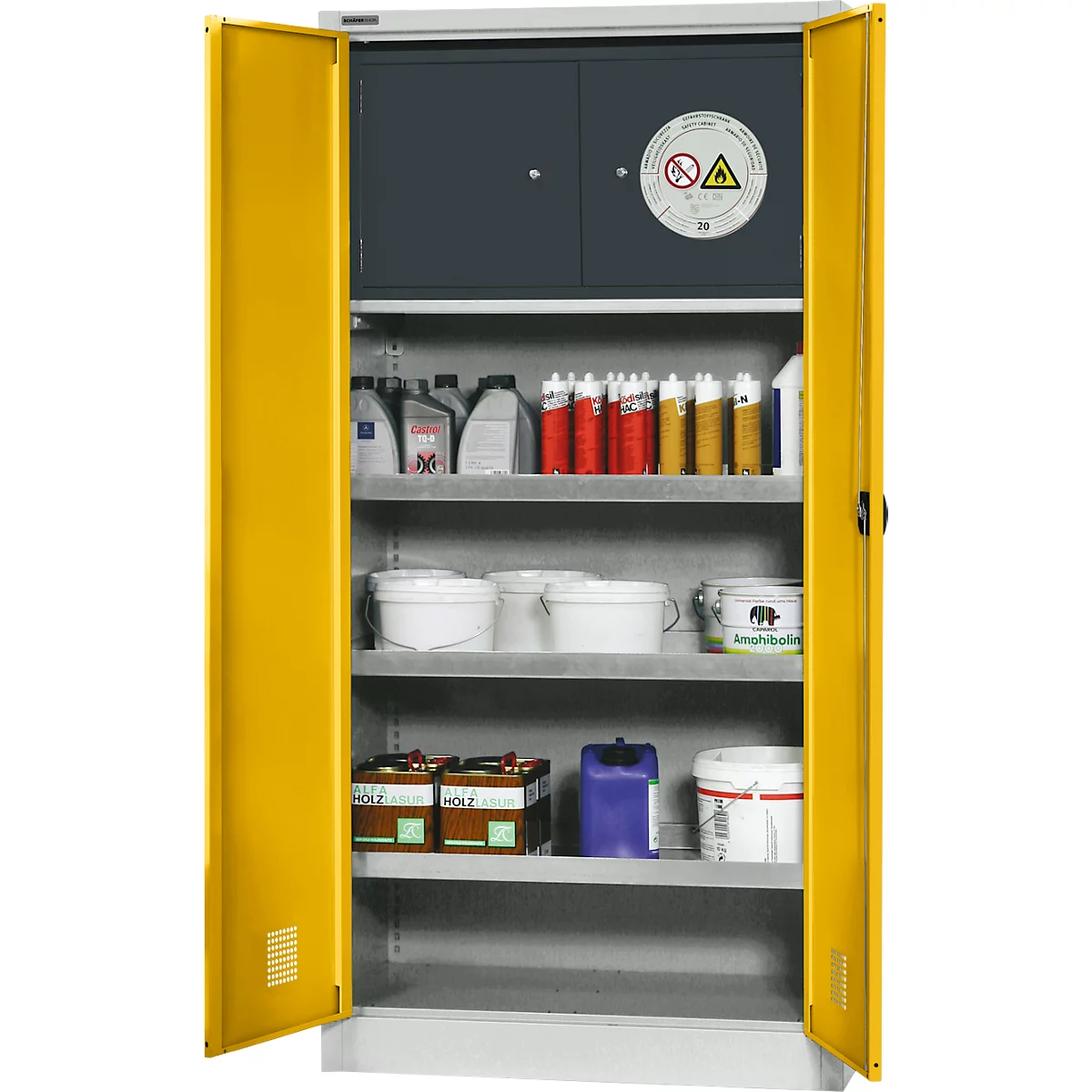 Gelb geöffneter Sicherheitsschrank mit Produkten. Oben Schrank, darunter Regale mit Produkten. Achtung-Zeichen.