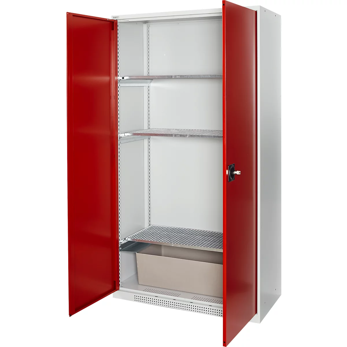 Schäfer Shop Select Gefahrstoffschrank, für Öl etc., 2 x 60 l Fässer und 8 x 20 l Kanister, Außenmaße B 1055 x T 520 x H 1950 mm, lichtgrau/rubinrot