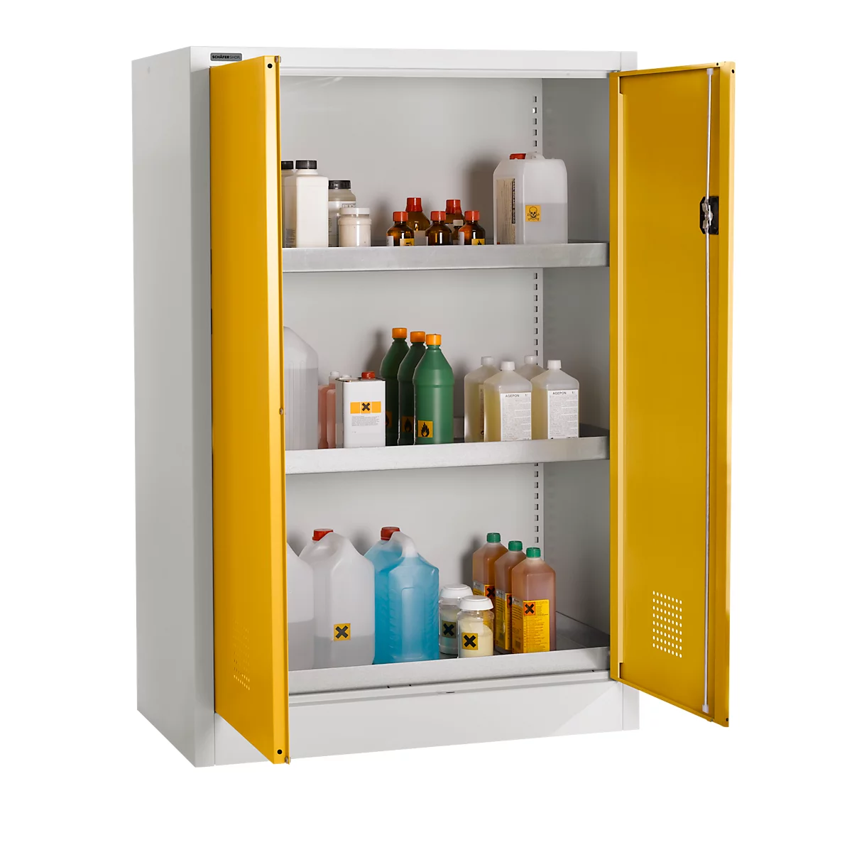 Schäfer Shop Select Gefahrstoffschrank MSI-US1509, Stahl, B 950 x T 500 x H 1585 mm, Belüftungsschlitze, 3 Wannen à 18 l 