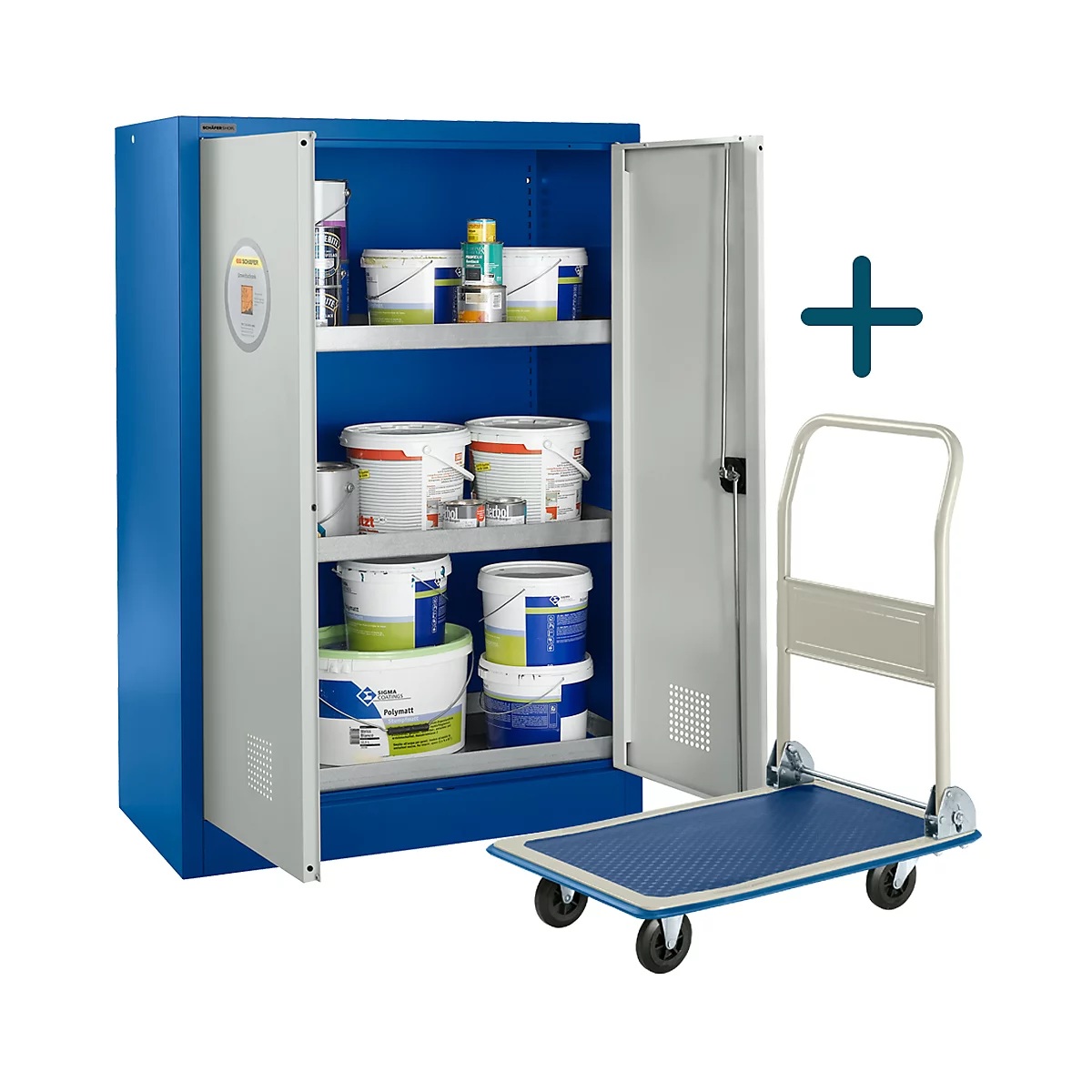 Schäfer Shop Select Gefahrstoffschrank Umweltschrank UWS1409, Stahlblech, B 950 x T 500 x H 1985 mm, enzianblau/lichtgrau + GRATIS Plattformwagen AM 80