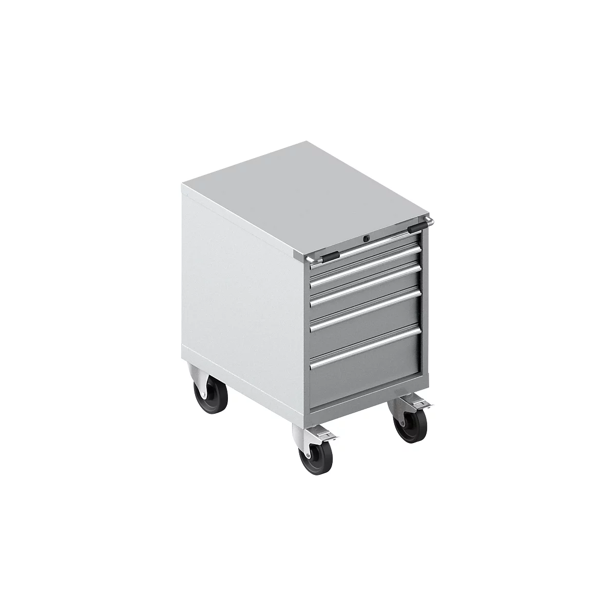 Schäfer Shop Select Gereedschapskast verrijdbaar WSK 36-27, 5 laden, H 920 mm, enkele vergrendeling, staal, 200 kg draagvermogen, wit aluminium/rubber rood, met een breedte van 2,5 mm.