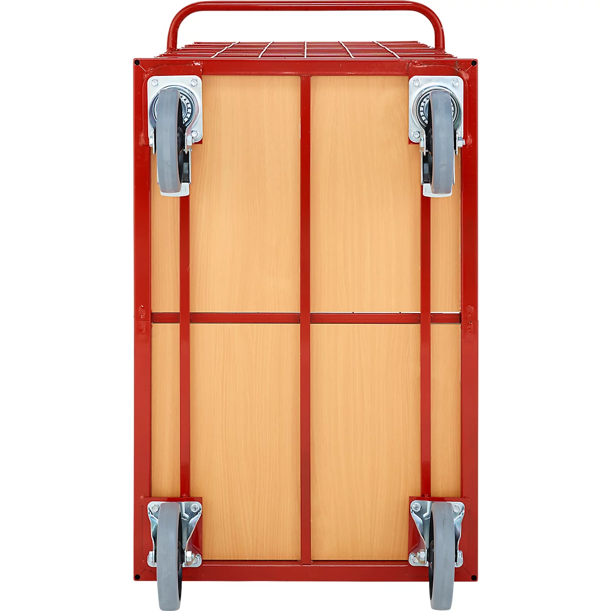 Draufsicht auf einen roten Transportroller mit Holzplatte und vier grauen Rollen.