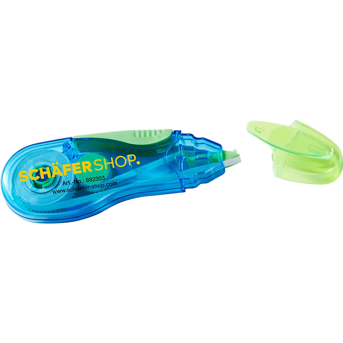 Blue correction roller with green accents and lid. Featuring the text SCHÄFER SHOP.