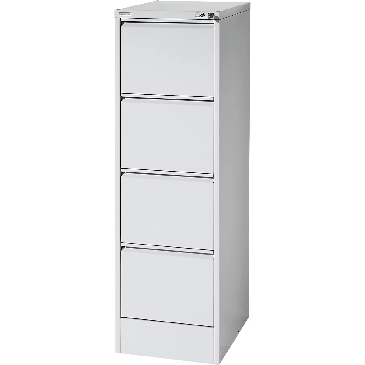 Ein weißer Aktenschrank mit vier Schubladen. Oben befindet sich ein Schloss.