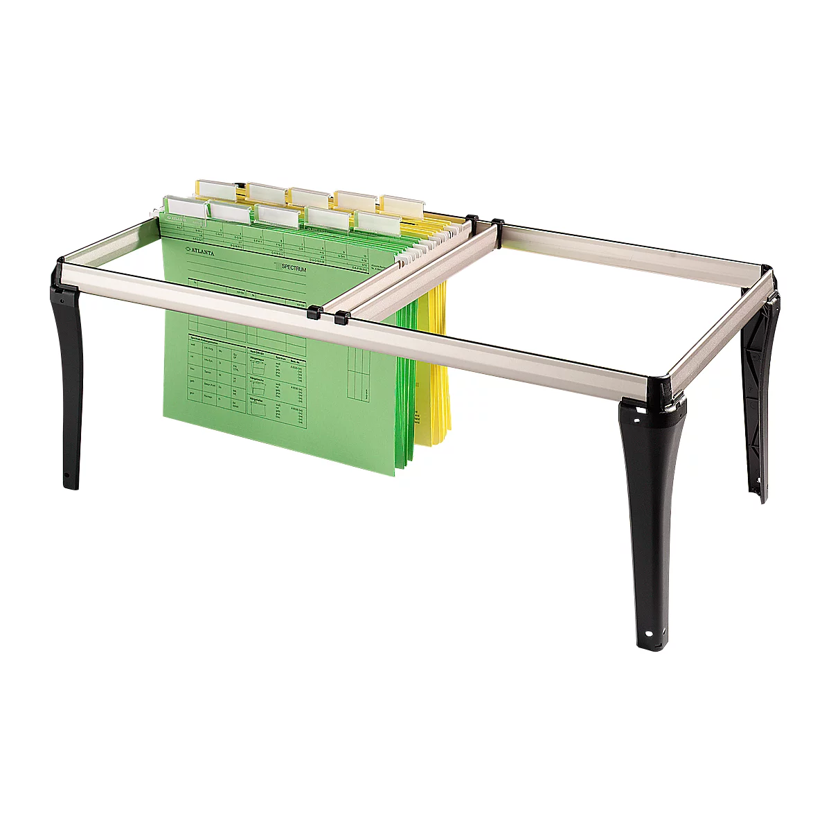 An open file storage system with green and yellow hanging files. The legs are black, the frame is silver.