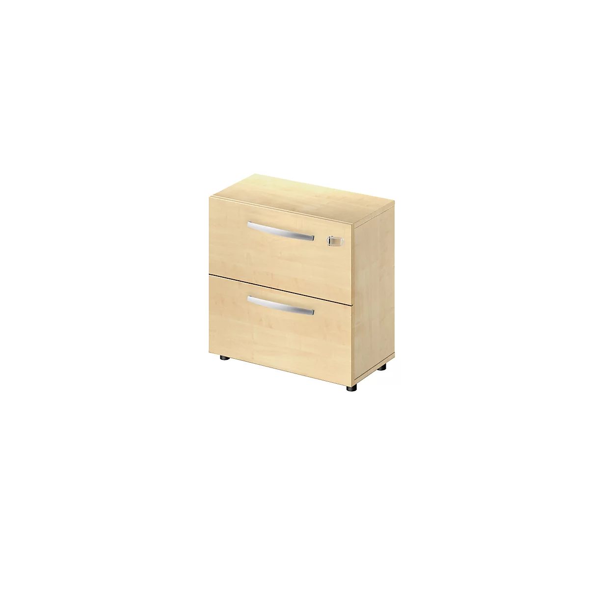 Light wood drawer unit with two drawers and silver handles, against a white background.