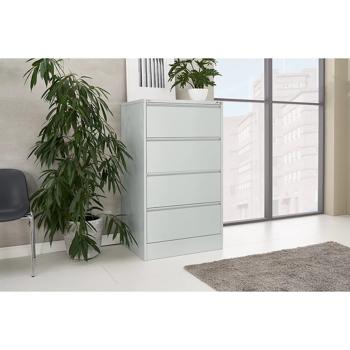 Schäfer Shop Select hangmappenkast B 780 x D 580 x H 1350 mm, plaatstaal, lichtgrijs, 4 laden, dubbel ladeblok + 50 A4 hangmappen, blauw