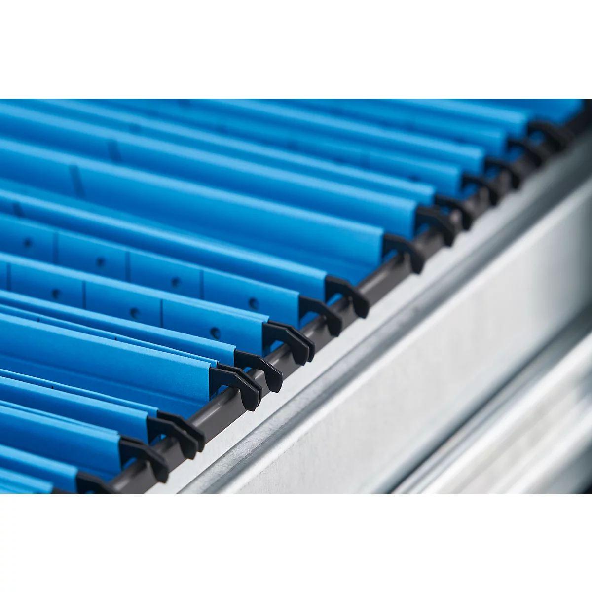 Schäfer Shop Select hangmappenkast B 780 x D 580 x H 1350 mm, plaatstaal, lichtgrijs, 4 laden, dubbel ladeblok + 50 A4 hangmappen, blauw