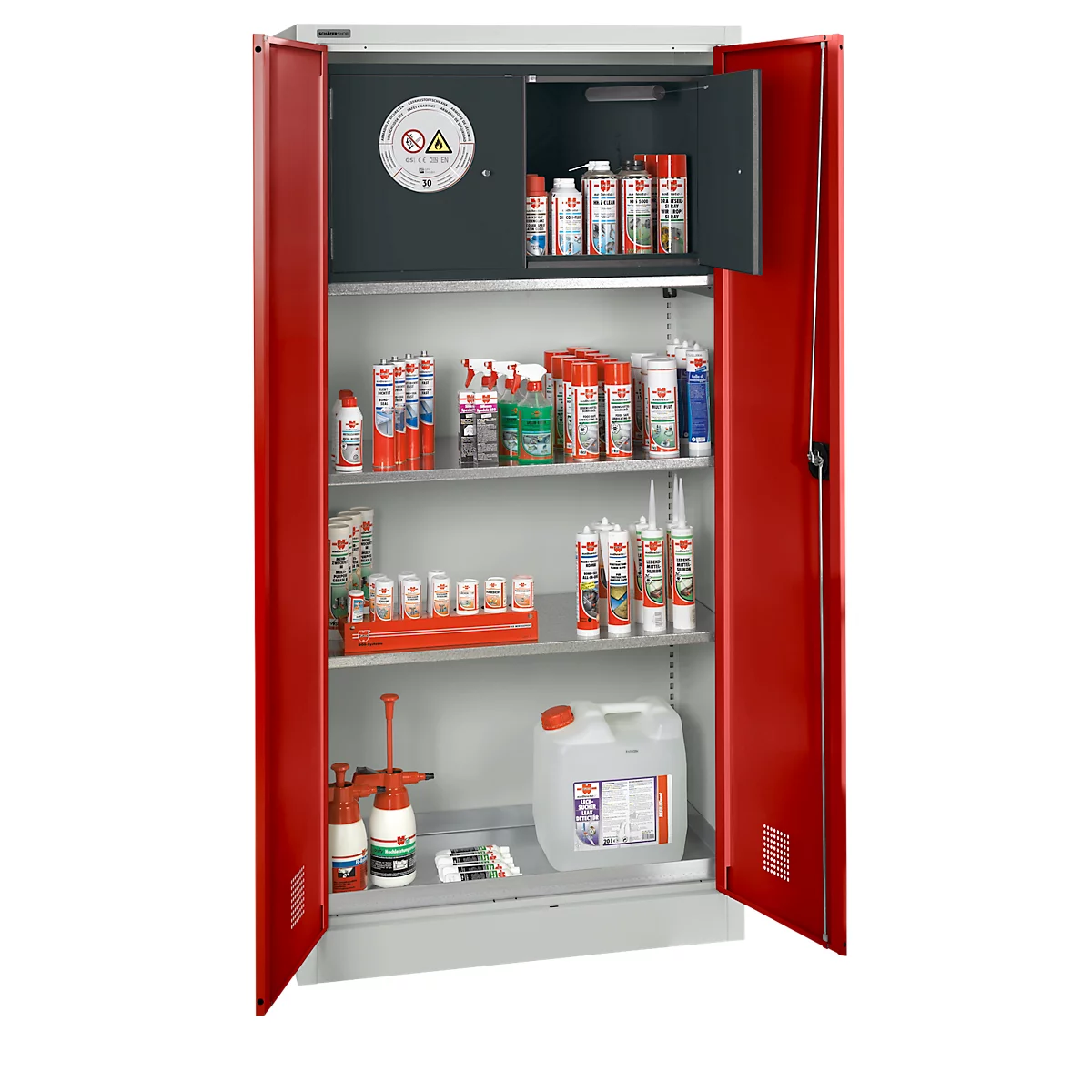Open red steel cabinet with various chemicals and hazard symbols.