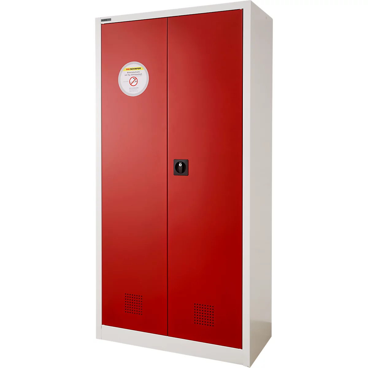 Red cabinet with two doors and a no-smoking symbol. White frame, black handle.