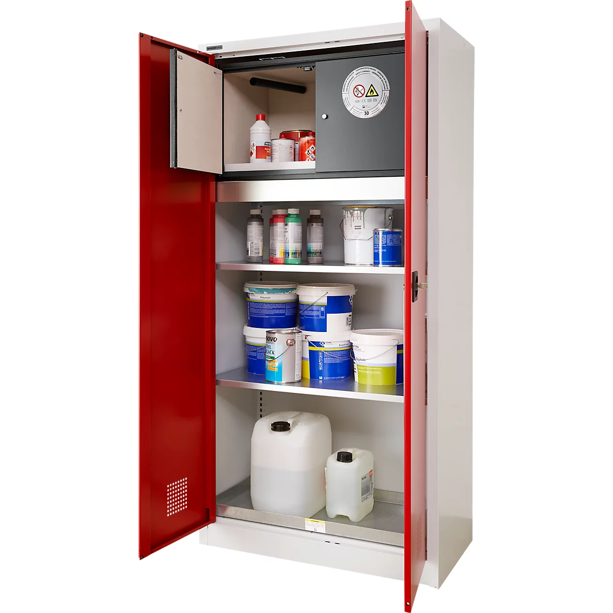Open red and white safety cabinet with chemicals and containers.