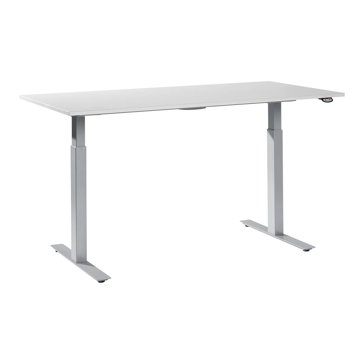 Height-adjustable white desk against a neutral background. Gray-silver legs.