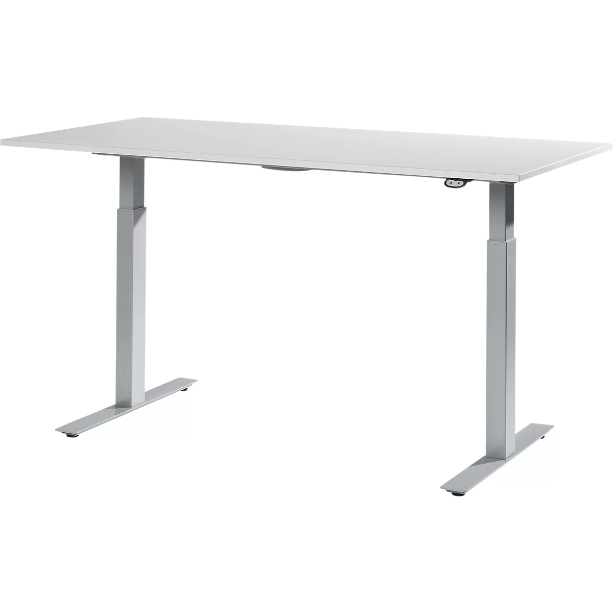 A white, height-adjustable desk with silver legs. The rectangle is attached to two feet on the left and right.