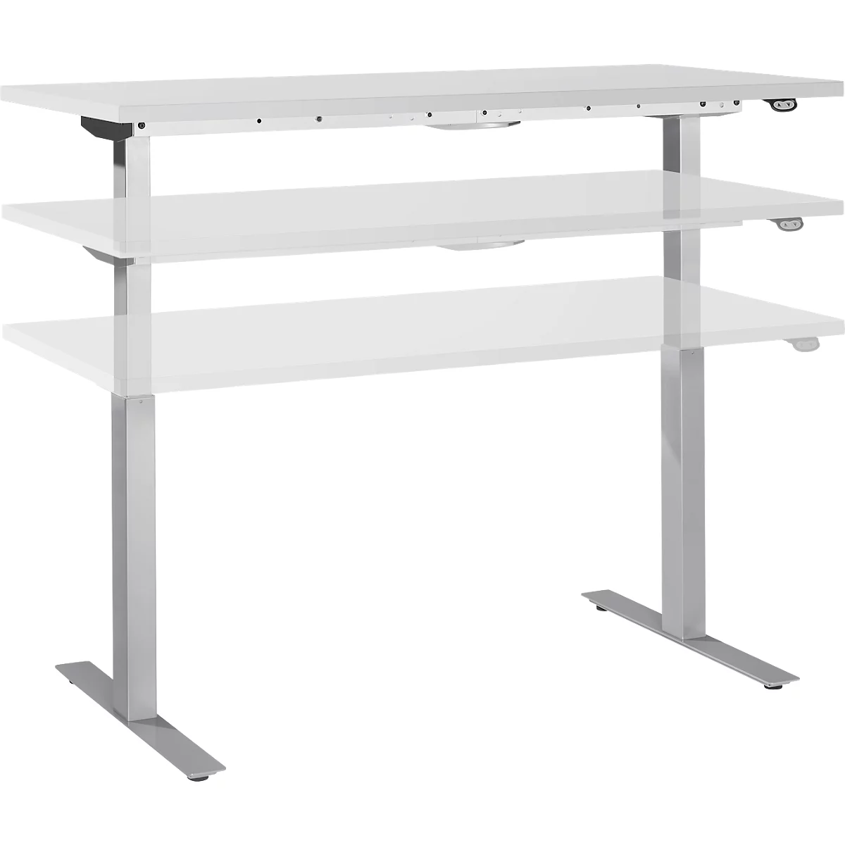 A height-adjustable desk in white and gray against a white background.