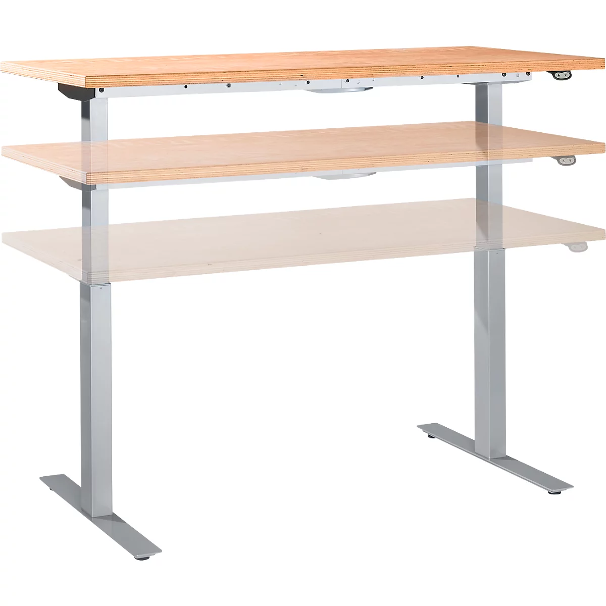 Height-adjustable desk made of wood and metal. Light-colored tabletop, silver-colored frame. Perspective view.