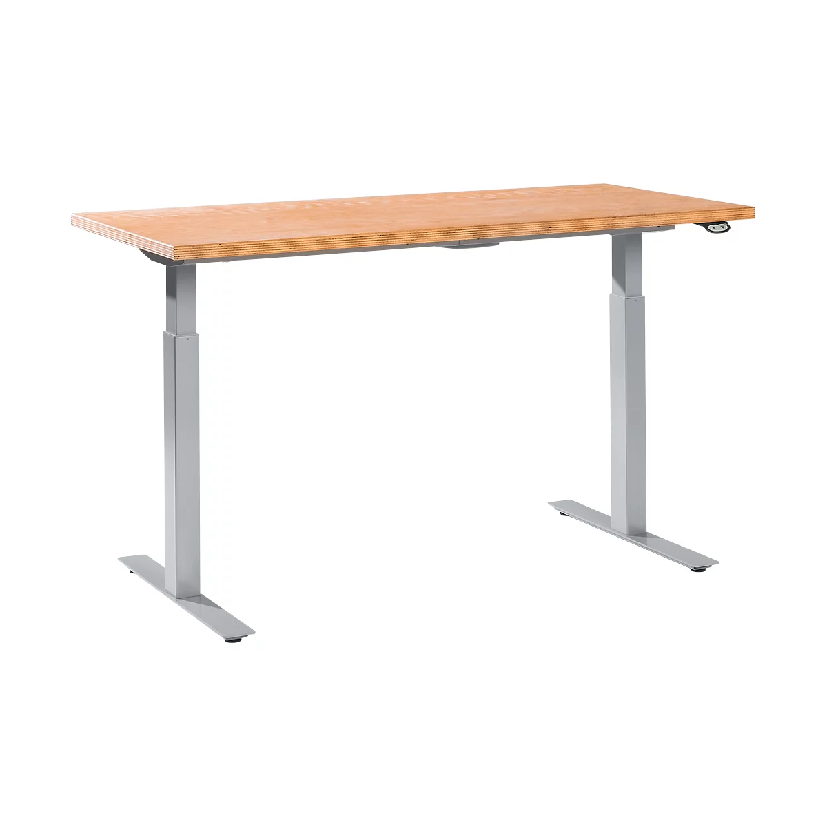 A height-adjustable desk with a light brown tabletop and silver legs against a white background.