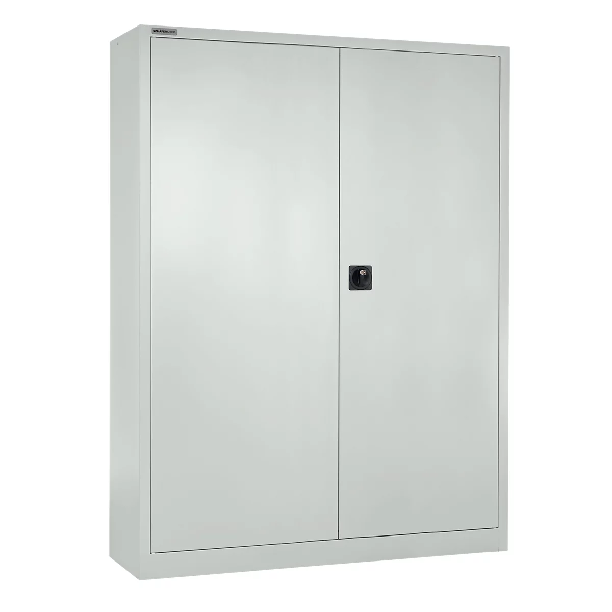 A gray metal cabinet with two doors and a black handle. The doors are closed, the image shows the front view.