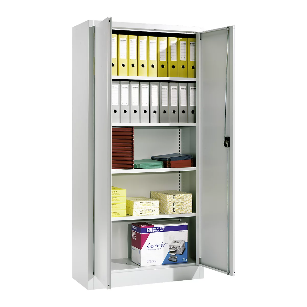 An open, gray filing cabinet with files and office supplies. The door is open, revealing yellow and white binders.