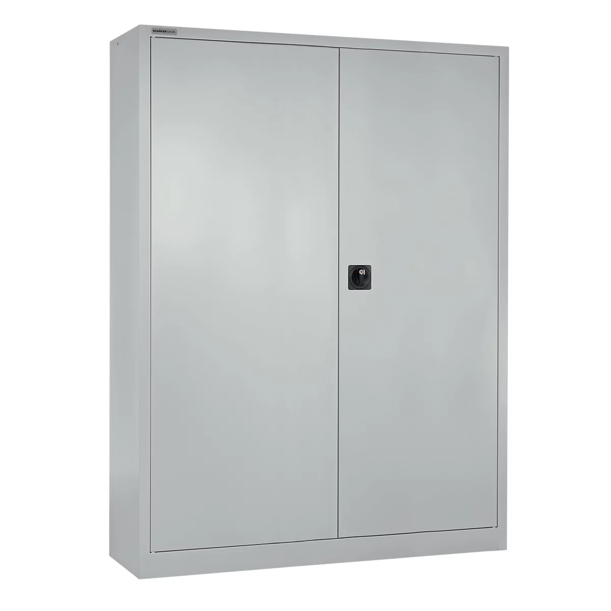 Grey steel cabinet with two doors and black handle, isolated.