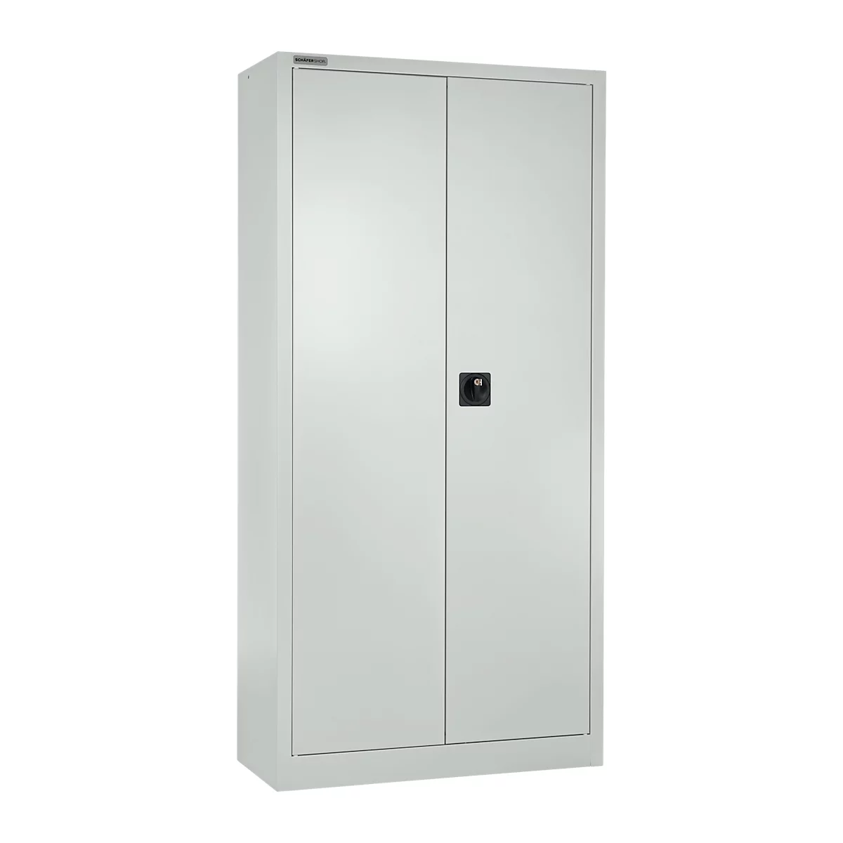 A grey steel cabinet with two doors, black handle, against a white background.