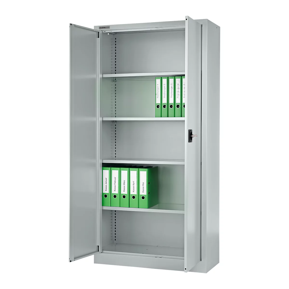 Grey filing cabinet with open doors. Green folders stand on the shelves. Metal cabinet against a white background.