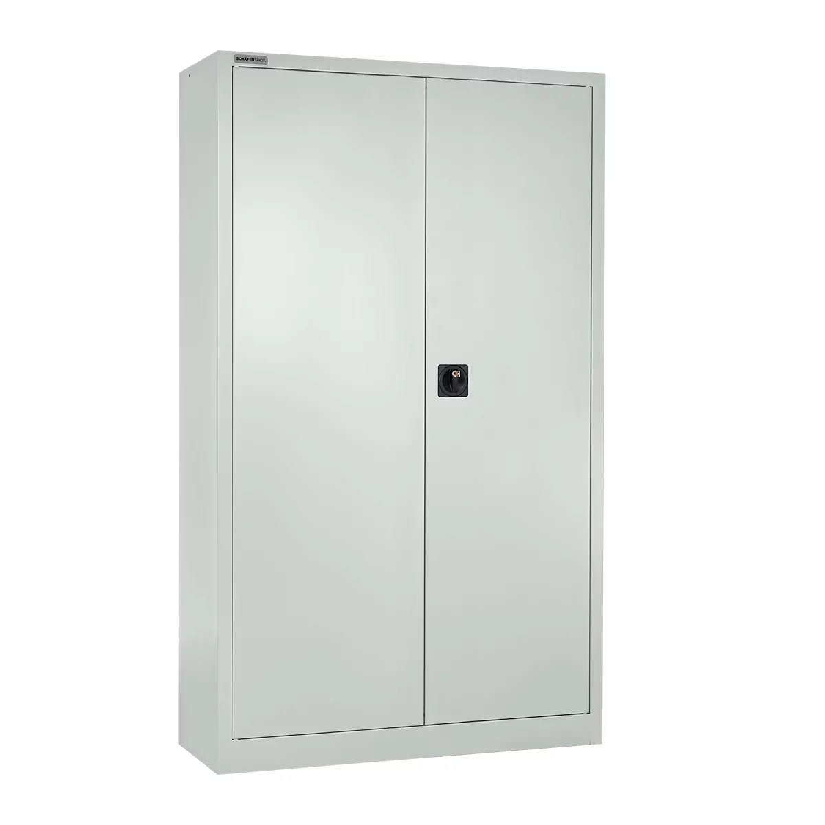 A gray steel cabinet with two doors and a black handle in the center.