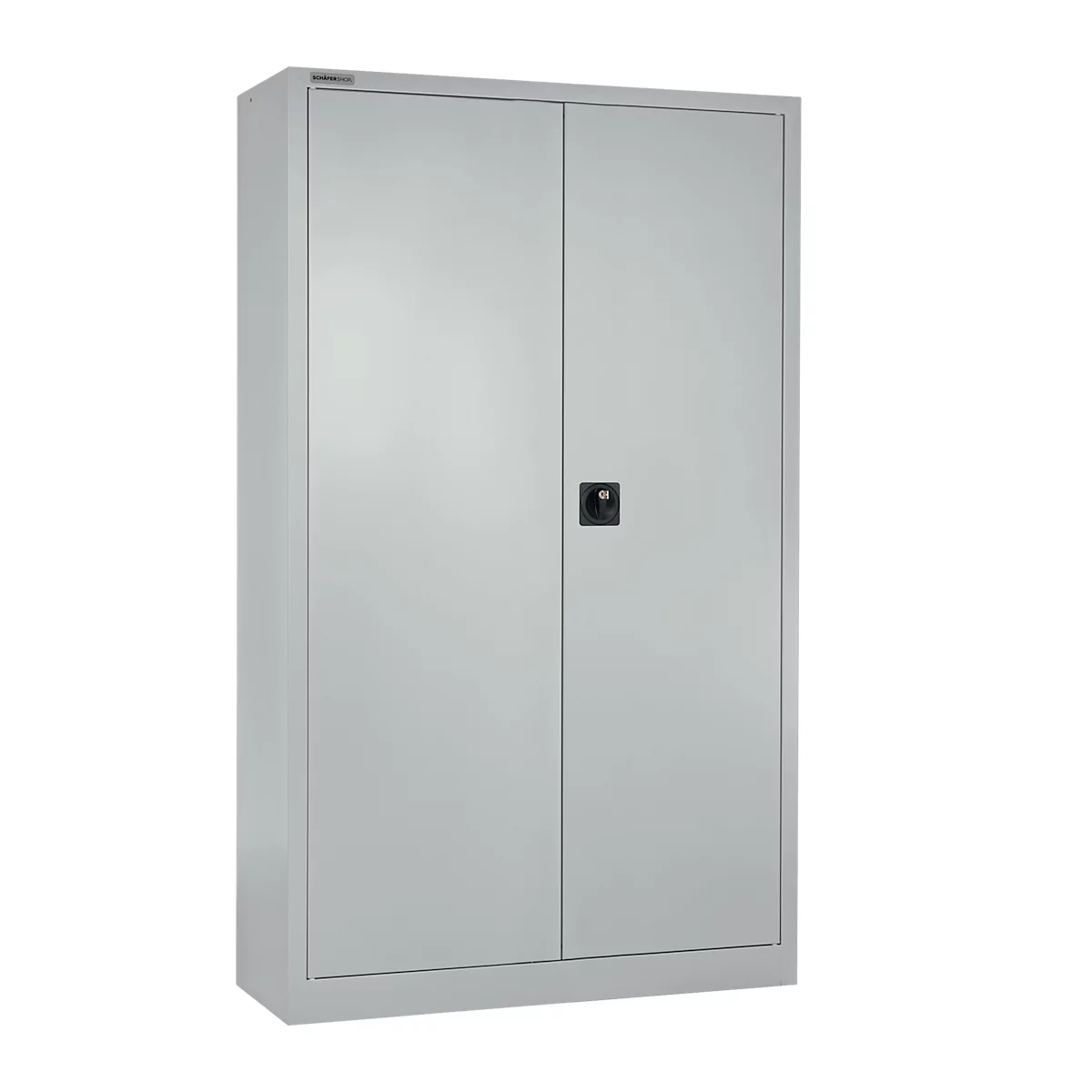Gray metal cabinet with two doors, a black handle, and a neutral background.