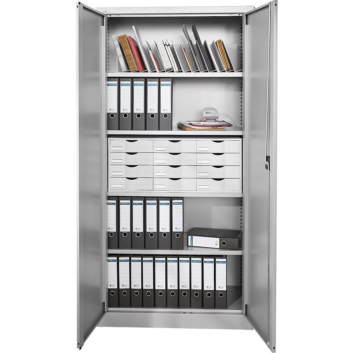 Gray file cabinet with open doors. Folders, books, pads, and drawers are visible.