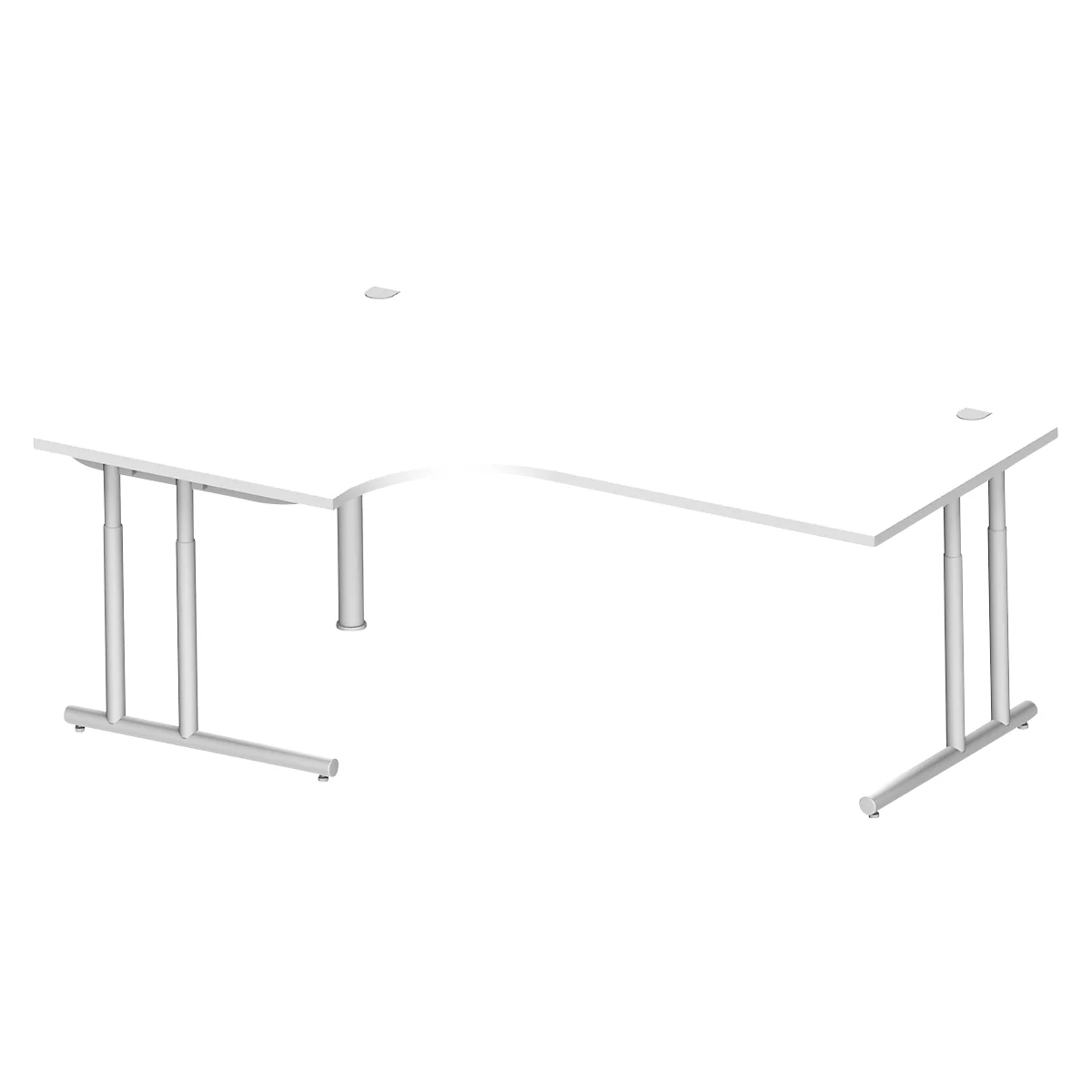 Schäfer Shop Select hoekbureau COMBITEC, 90° hoek links, C-poot, B 2000 x D 1200/800 x H 677-817 mm, alu wit/wit