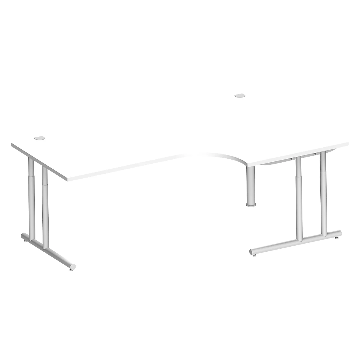 Schäfer Shop Select hoekbureau COMBITEC, 90° hoek rechts, C-poot, B 2000 x D 1200/800 x H 677-817 mm, alu wit/wit