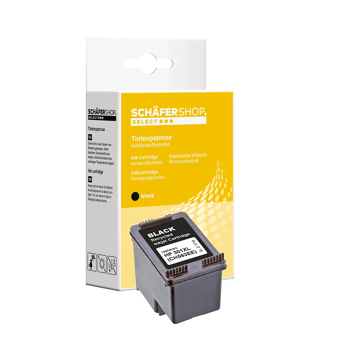 Black ink cartridge HP 301XL in packaging. Prints: Schäfer Shop, Black, ink cartridge.