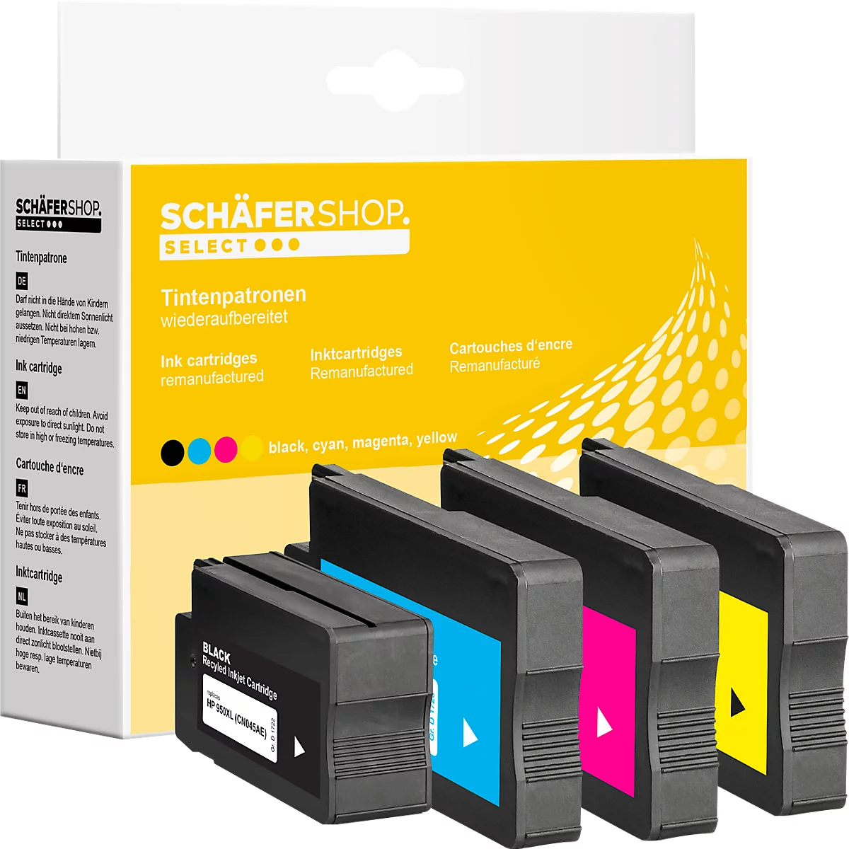 Schäfer Shop Select inktpatronen, vervangt HP 950XL/951XL CMYK (CN045AE, CN046AE, CN047AE, CN048AE), Mixpack, cyaan, magenta, geel, zwart.