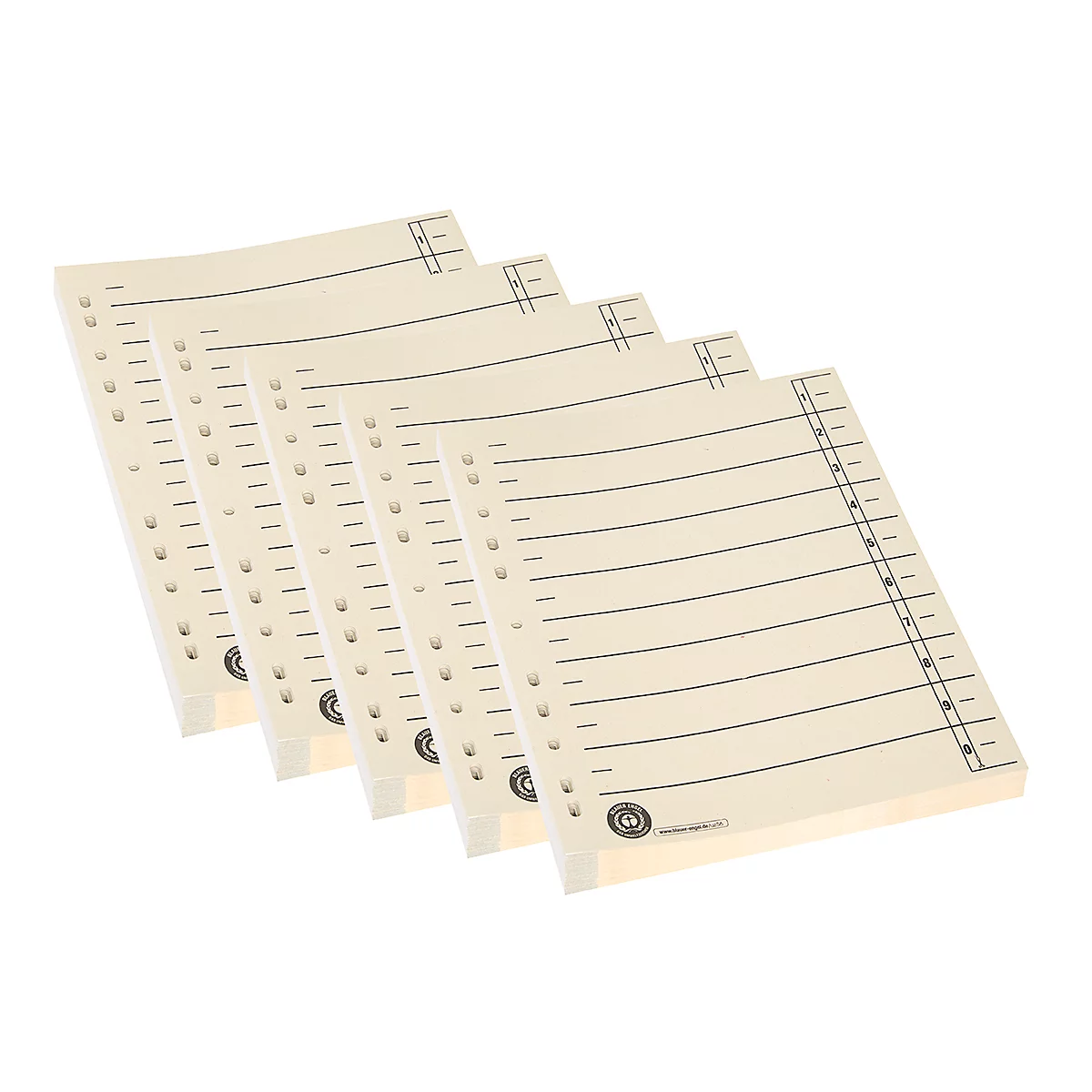 Plusieurs blocs-notes crème perforés avec des lignes horizontales et une colonne numérotée sur fond blanc.