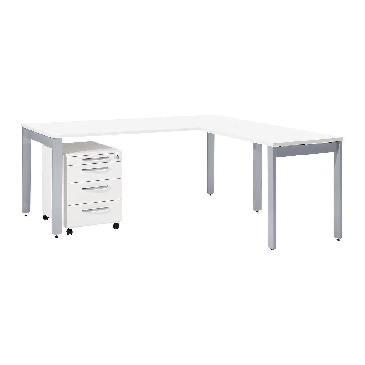 Schäfer Shop Select juego completo LOGIN, escritorio de 4 patas 1800 mm, mesa adicional de 4 patas, cajonera móvil, blanco