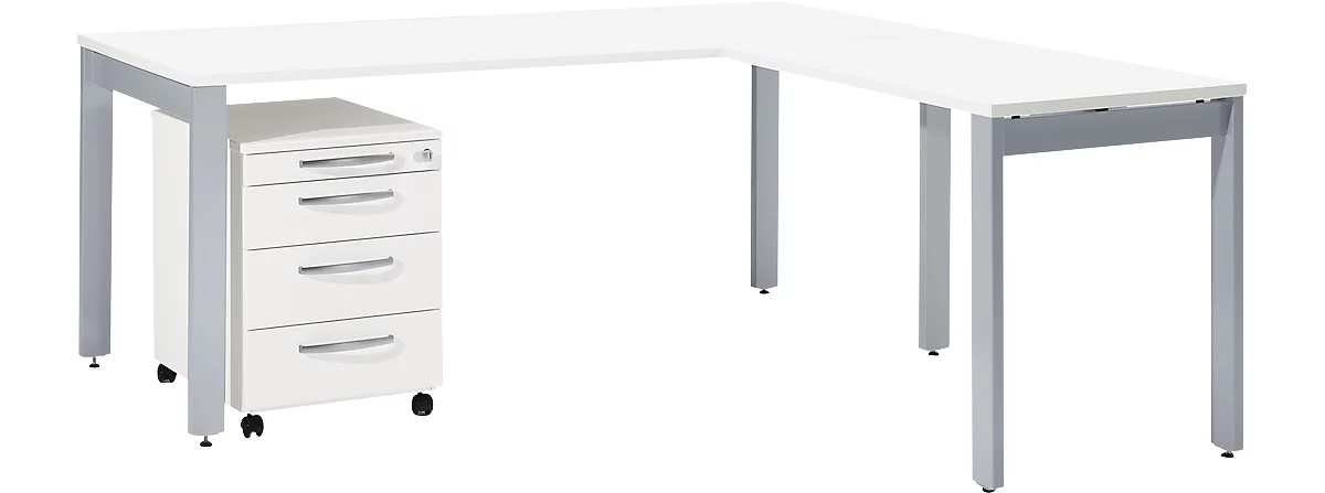 Schäfer Shop Select juego completo LOGIN, escritorio de 4 patas 1800 mm, mesa complementaria de 4 patas, pedestal móvil, blanco