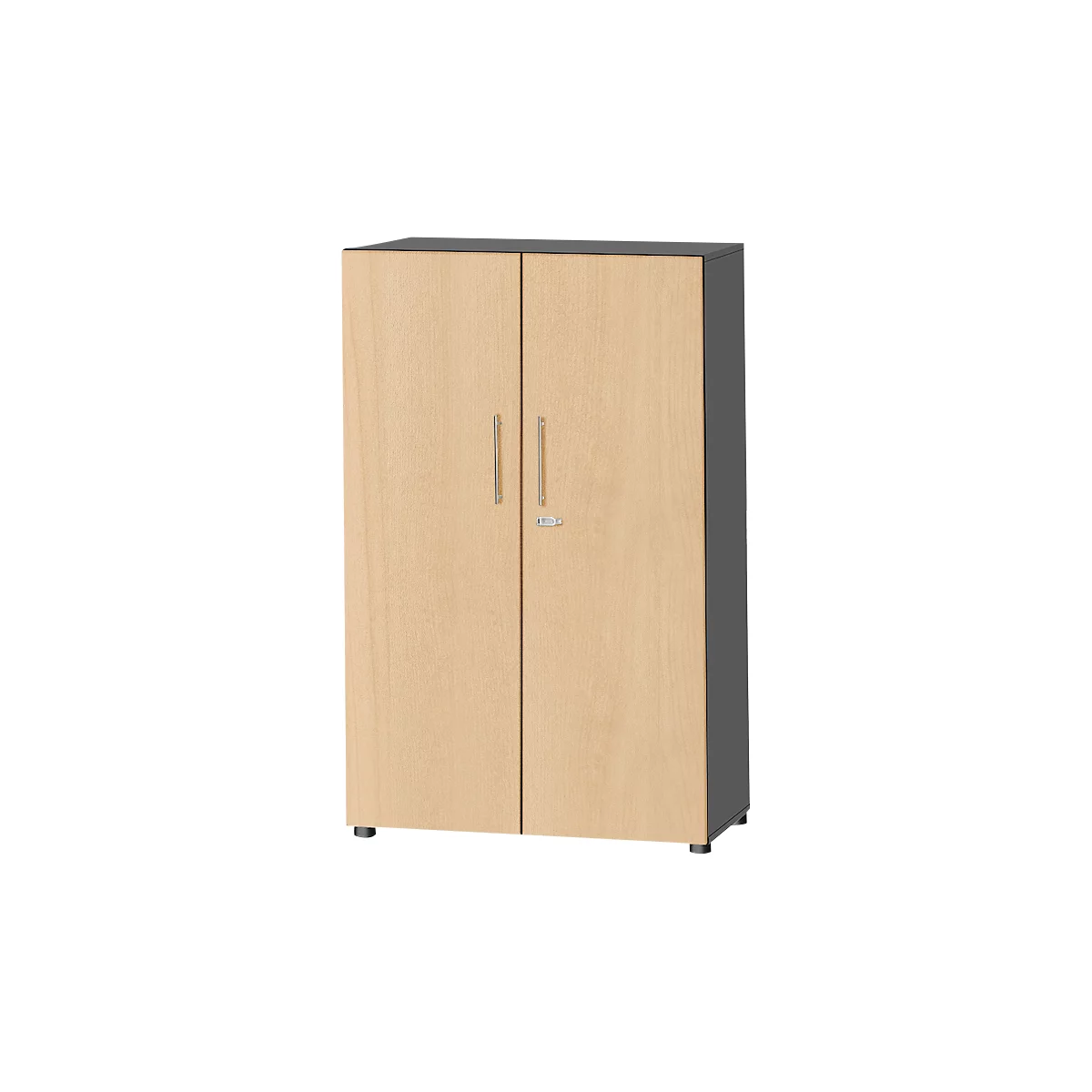 Hoge tweekleurige kantoorkast met licht houten nerf en zwarte omlijsting.