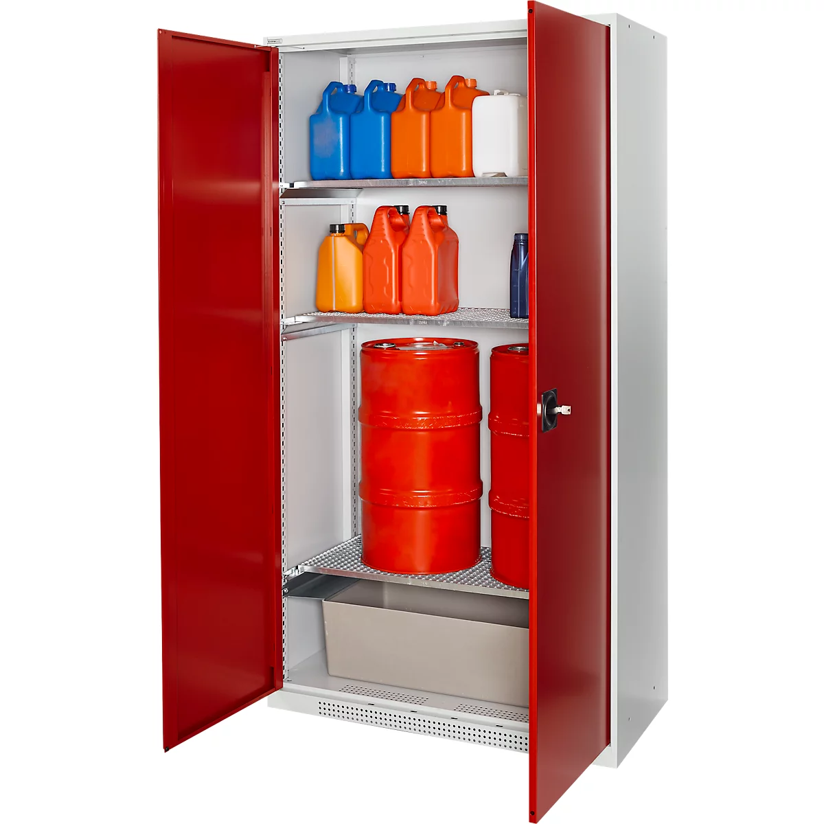 Schäfer Shop Select kast voor gevaarlijke stoffen, voor olie enz., 2 x 60 l vaten en 8 x 20 l bussen, B 1055 x D 520 x H 1950 mm, lichtgrijs/robijnrood