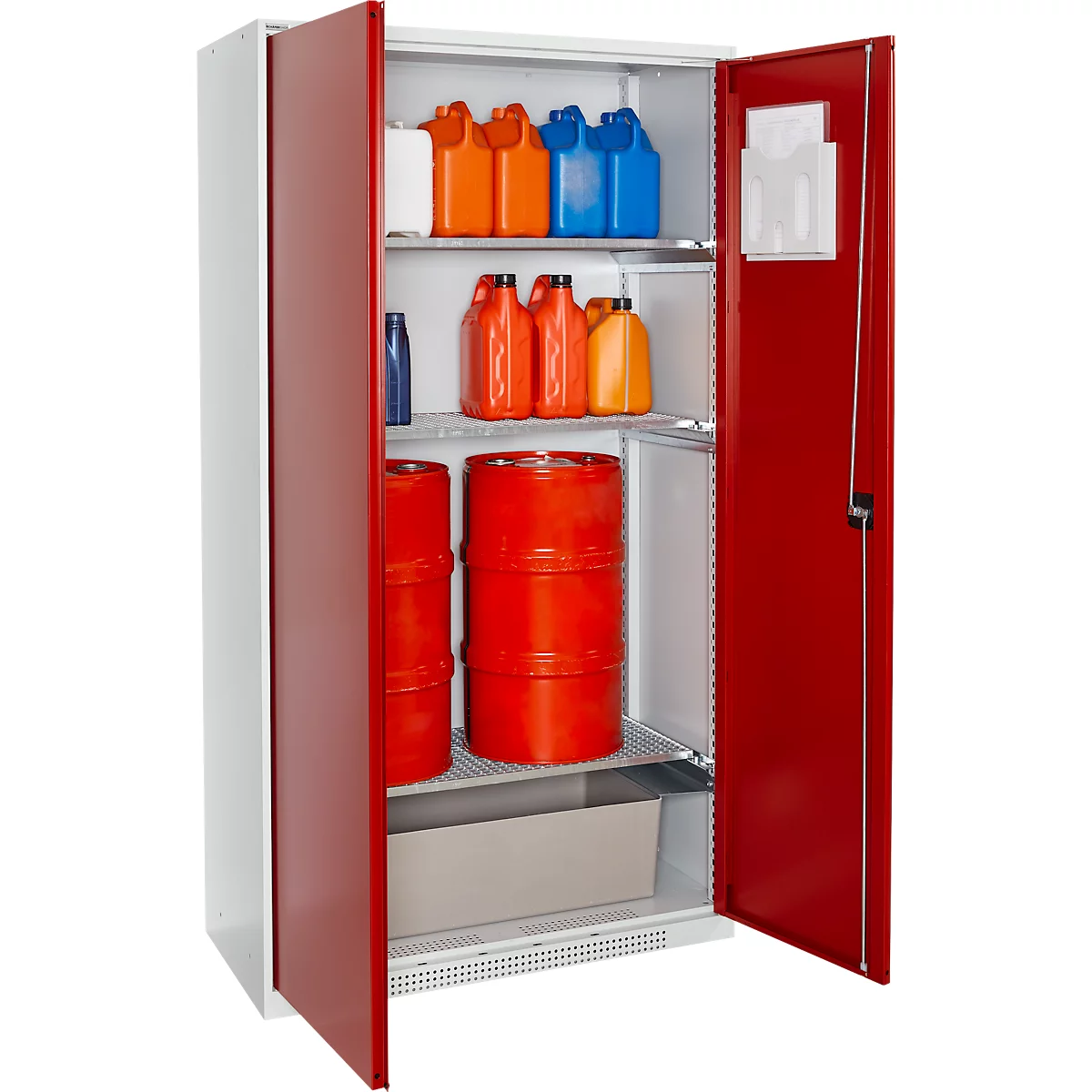 Schäfer Shop Select kast voor gevaarlijke stoffen, voor olie enz., 2 x 60 l vaten en 8 x 20 l bussen, B 1055 x D 520 x H 1950 mm, lichtgrijs/robijnrood
