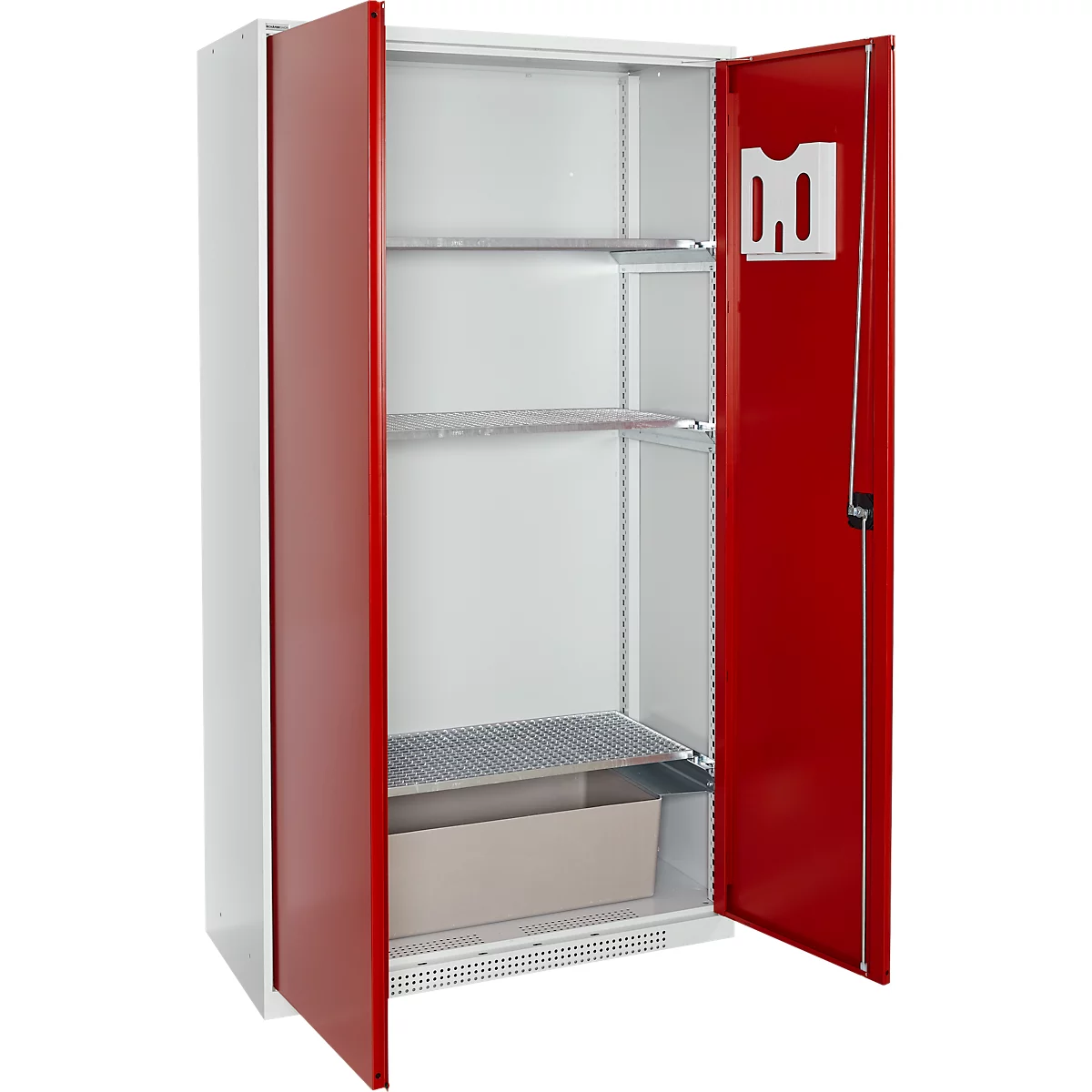 Schäfer Shop Select kast voor gevaarlijke stoffen, voor olie enz., 2 x 60 l vaten en 8 x 20 l bussen, B 1055 x D 520 x H 1950 mm, lichtgrijs/robijnrood