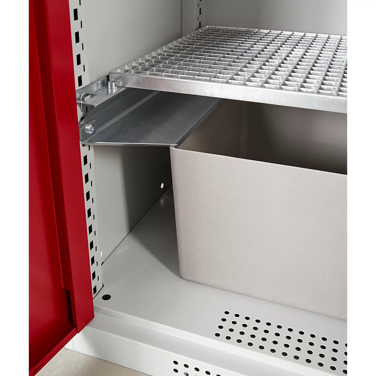 Schäfer Shop Select kast voor gevaarlijke stoffen, voor olie enz., 2 x 60 l vaten en 8 x 20 l bussen, B 1055 x D 520 x H 1950 mm, lichtgrijs/robijnrood