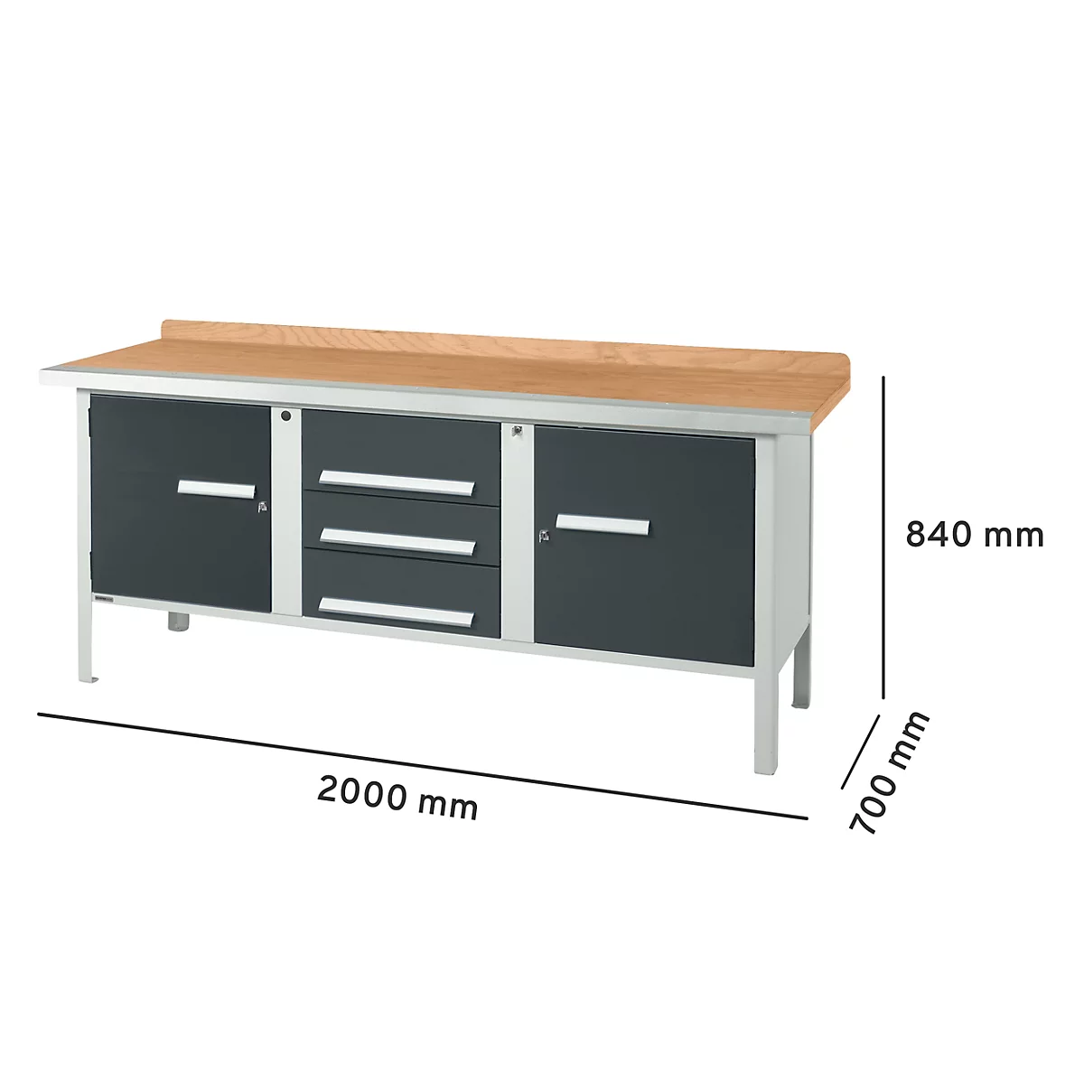 Werkbank met grijze deuren en lades, houten bovenkant. Afmetingen: 2000 mm x 840 mm x 700 mm.