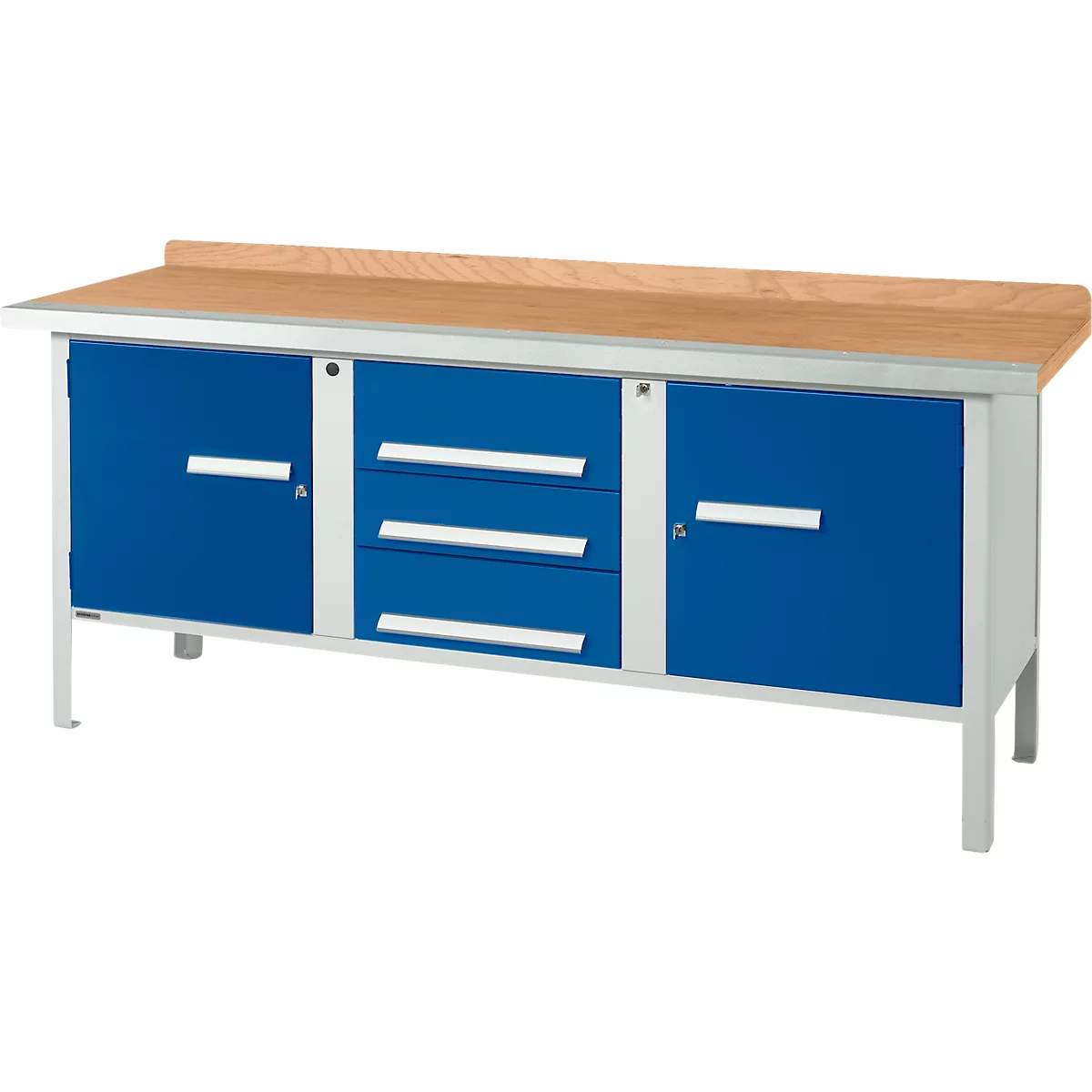Schäfer Shop Select Kastenwerkbank PWi 200-4, beuken multiplexplaat, met stalen rand, tot 750 kg, B 2000 x D 700 x H 840 mm, lichtgrijs/ gentiaanblauw
