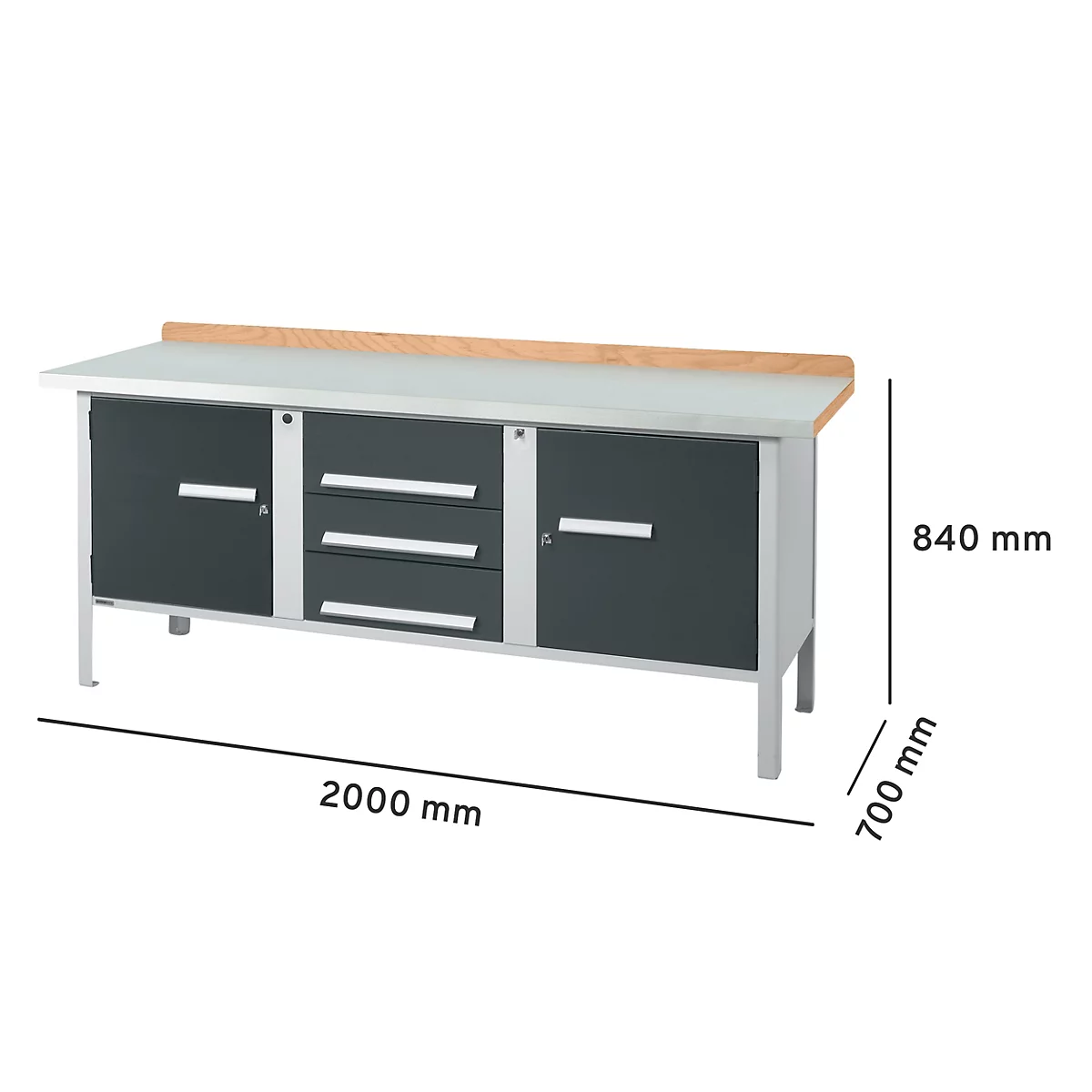 Werkbank met grijze deuren en laden. Houten blad. Afmetingen: 2000 x 840 x 700 mm.
