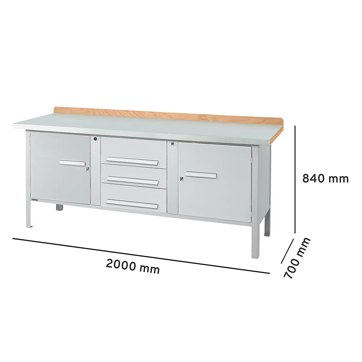 Werkbank met laden en deuren. Afmetingen: 2000 x 700 x 840 mm. Bovenste werkoppervlak van hout.