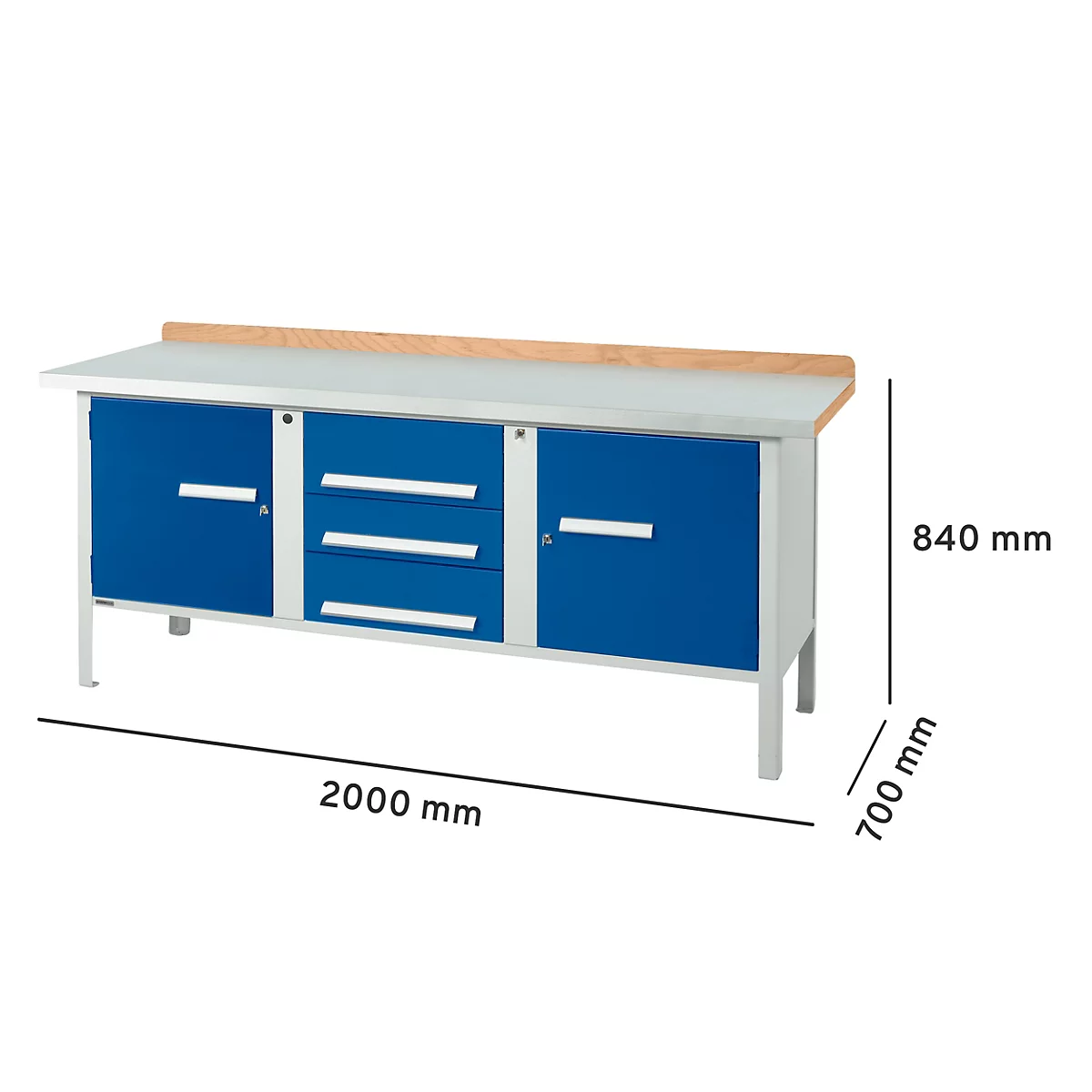 Werkbank met blauwe deuren en laden, houten blad. Afmetingen: 2000 mm x 700 mm x 840 mm.