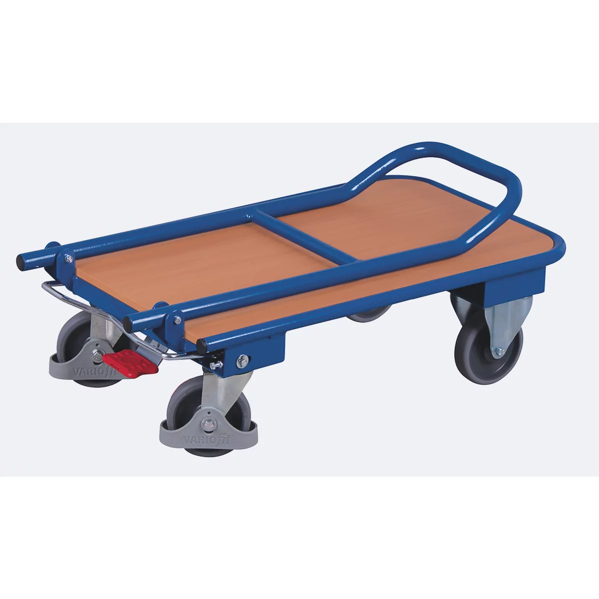 Schäfer Shop Select Klappbügelwagen, leicht, Stahl/MDF-Platte, Enzianblau/Buche-Dekor, L 720 x B 450 mm, klappbarer mit Querstrebe, TPE-Rollen mit EasySTOP, bis 150 kg